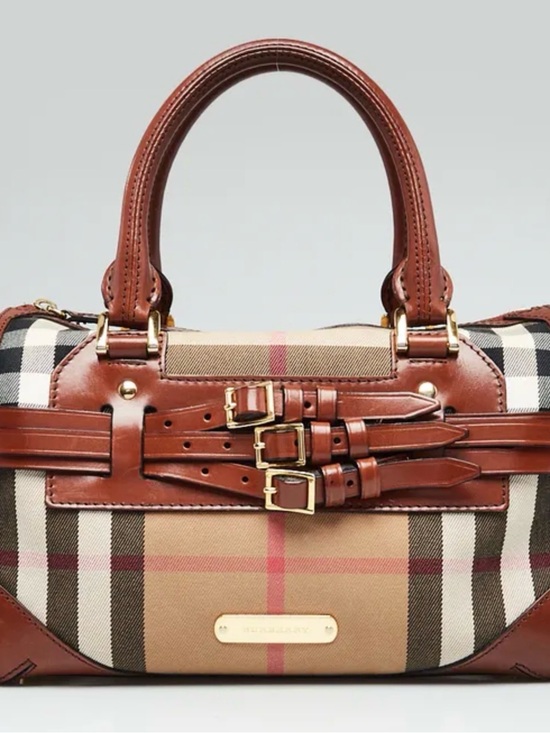 Burberry Handbags - Burberry Tan, Brown and Black Check Satchel with Triple Leather Buckles